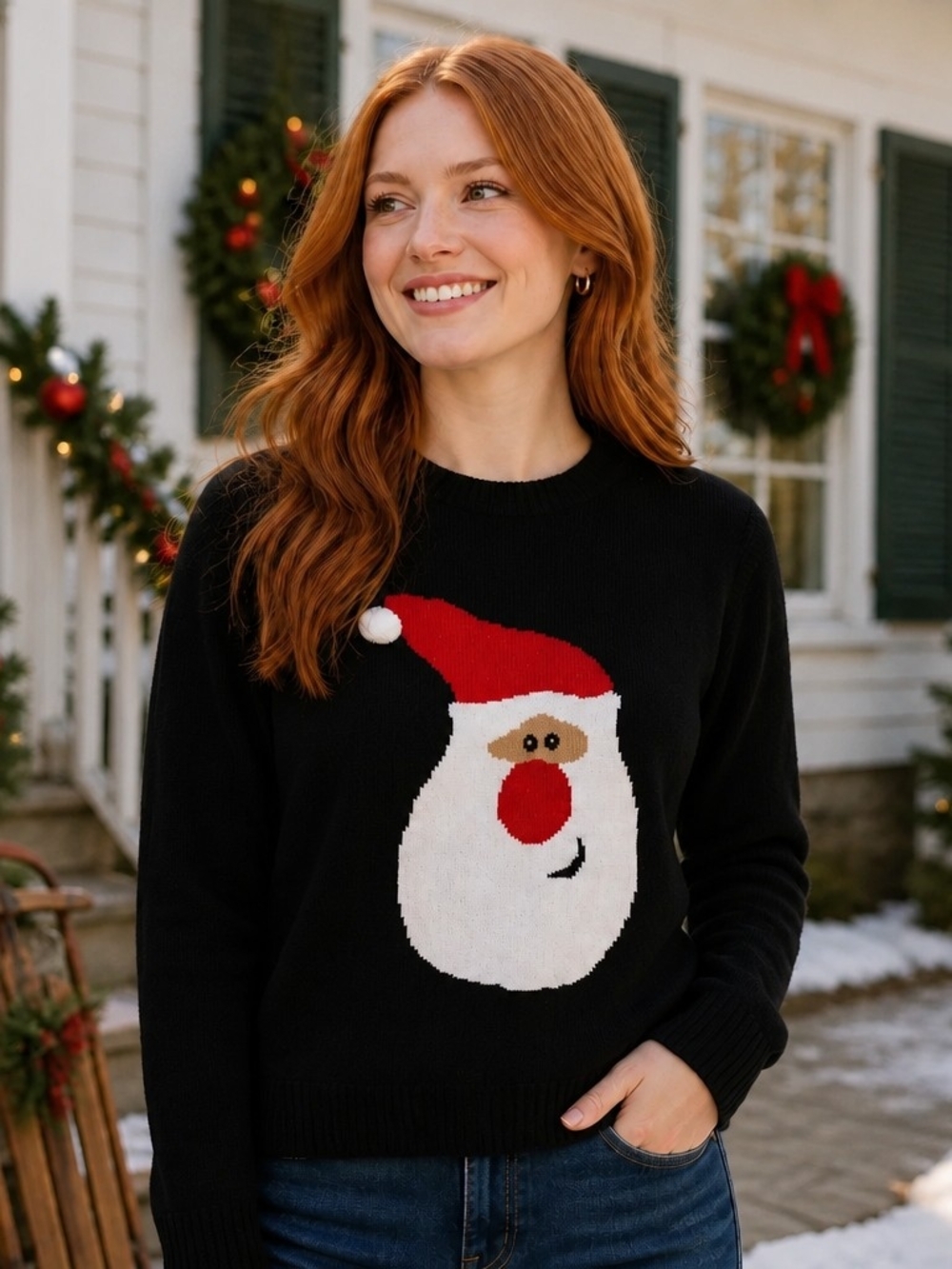 Black Santa Graphic Holiday Sweater - Women